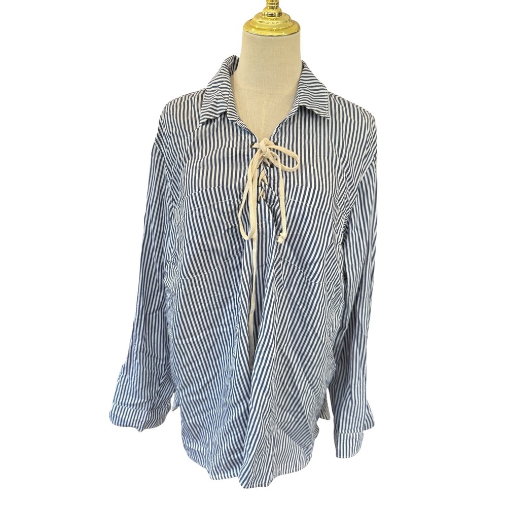 Old Navy Womens XXL Blue White Striped Lace Up V-Neck Lyocell Long Sleeve Shirt